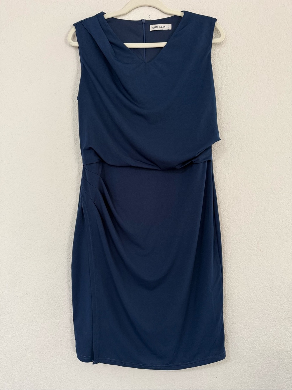 Grace Karin Navy Sleeveless Draped Faux Wrap Sheath Dress V neck